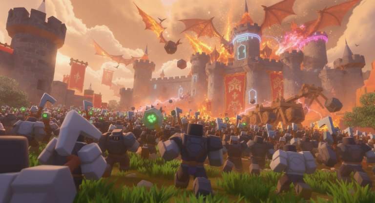 Build a Monster Empire: a monster army on a volcanic battlefield.